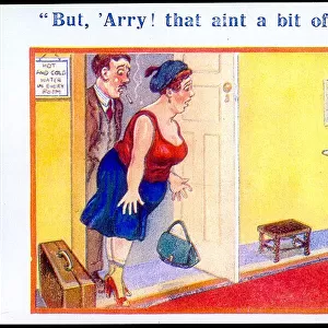 Comic postcard, Couple arrive in hotel room Date: 20th century