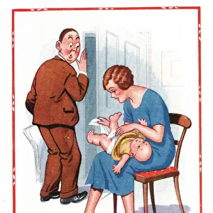 Comic postcard, Couple with baby Date: 20th century