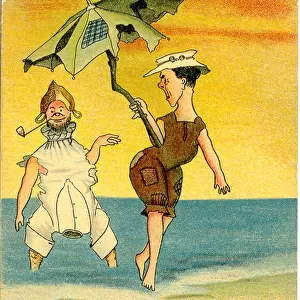Comic postcard, Couple in strange bathing costumes Date: early 20th century