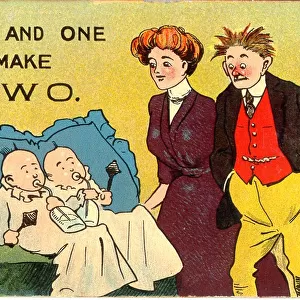 Comic postcard, Couple with twins - One and one make two Date: 20th century