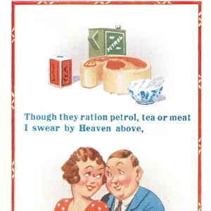 Comic postcard, couple with wartime rations, WW2