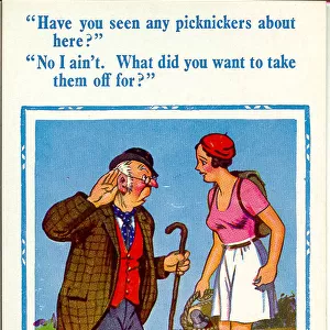 Comic postcard, Deaf old man misunderstands pretty young woman Date: 20th century