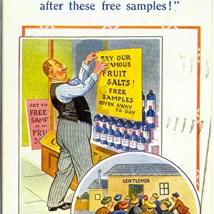Comic postcard, Free samples of fruit salts, and the result Date: 20th century