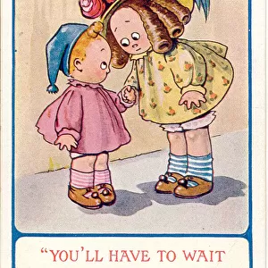 Comic postcard, Girl and boy walking home Date: 20th century