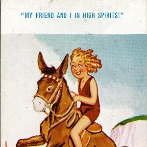Comic postcard, Girl riding donkey on beach Date: 20th century