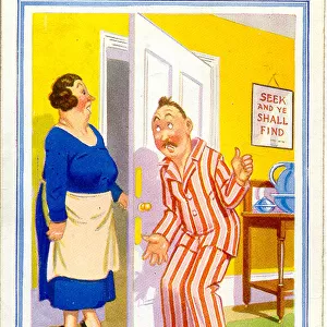 Comic postcard, Hotel guest and landlady - Seek and ye shall find Date: 20th century