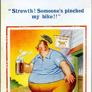 Comic postcard, Large man with beer and bicycle outside a pub Date: 20th century