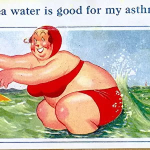Comic postcard, Large woman in red bikini in the sea Date: 20th century
