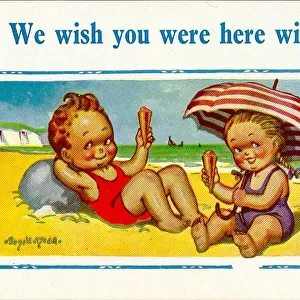 Comic postcard, Little boy and girl on the beach with ice creams Date: 20th century