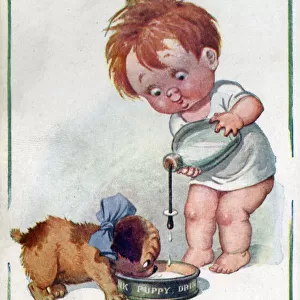 Comic postcard, Little boy giving milk to puppy