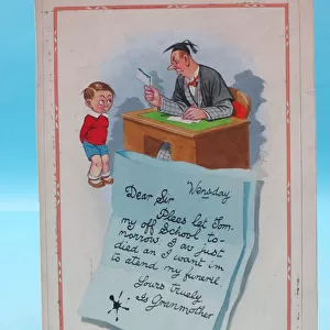 Comic postcard, Little boy and teacher - a forged letter! Date: 20th century