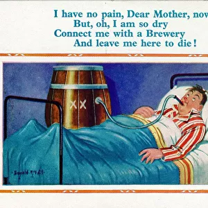 Comic postcard, Man in bed, drinking from beer barrel Date: 20th century