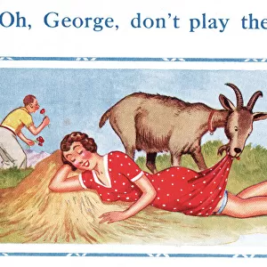 Comic postcard, man, girlfriend and goat