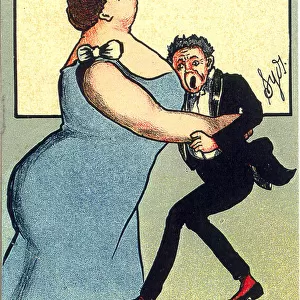 Comic postcard, Man and woman waltzing Date: early 20th century