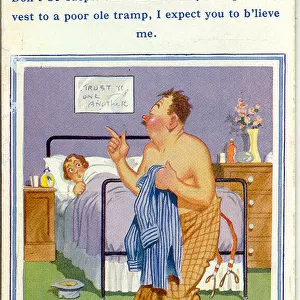 Comic postcard, Middle aged couple in bedroom Date: 20th century