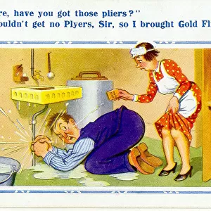 Comic postcard, Plumber and maid in kitchen Date: 20th century