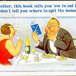 Comic postcard, Plump couple in a restaurant