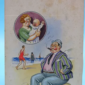 Comic postcard, Plump man on the beach