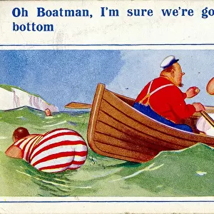 Comic postcard, Plump woman in a rowing boat Date: 20th century