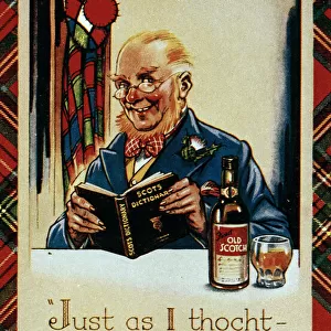 Comic postcard, Scotsman with whisky and Scots dictionary