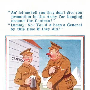 Comic postcard, Two soldiers in the British Army, WW2 - chatting outside the Canteen