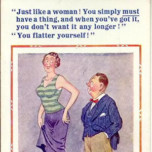 Comic postcard, Tall woman and short man Date: 20th century