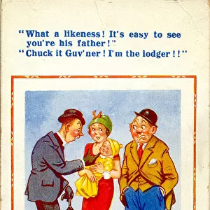 Comic postcard, Vicar, woman, baby and lodger