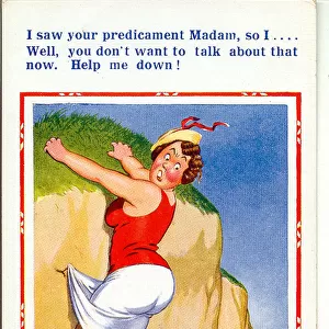 Comic postcard, Woman hanging off a cliff Date: 20th century