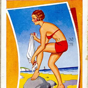 Comic postcard, Woman in red bikini at the seaside Date: 20th century
