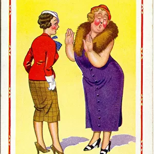 Comic postcard, Women chatting about a show Date: 20th century