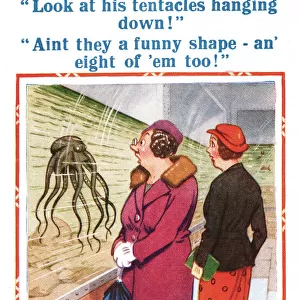 Comic postcard, two women discuss an octopus Date: 20th century