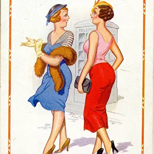 Comic postcard, Two women near phone box - Button B Date: 20th century