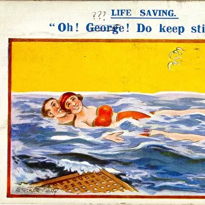 Comic postcard, Young couple in the sea - Life Saving Date: 20th century