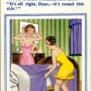 Comic postcard, Two young women in bedroom Date: 20th century