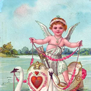 Cupid in a boat on a New Year postcard