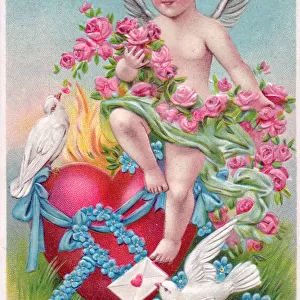 Cupid with flowers, heart and doves on a Valentine postcard