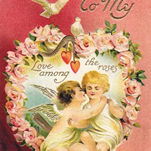 Cupid with girlfriend and doves on a Valentine postcard