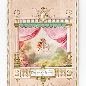 Cupids in stage setting on a Christmas card