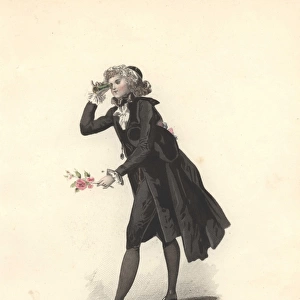 Dandy in black suit, breeches and stockings