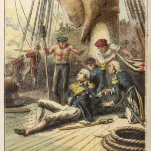 Print of Admiral Nelson mortally wounded at the Battle of Trafalgar Print of Admiral Nelson mortally wounded at the Battle of Trafalgar