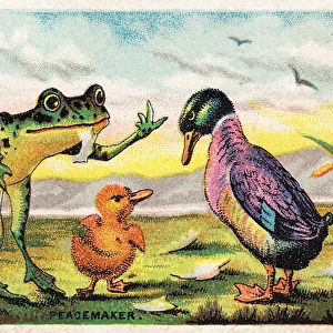Duck, frog and duckling on a comic card