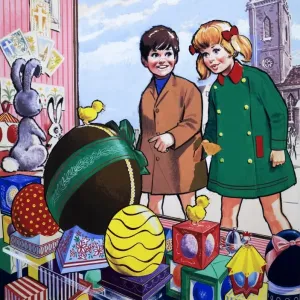 Children admiring an Easter display Print (Easter) Children admiring an Easter display Print (Easter)