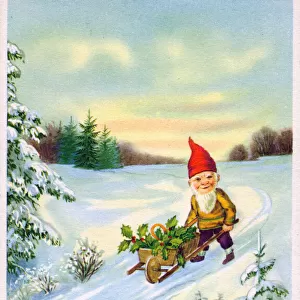 Elf with wheelbarrow on a French New Year postcard