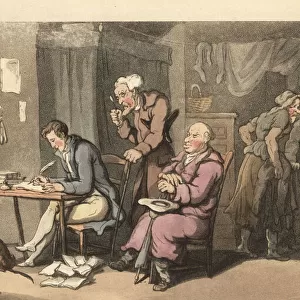 English gentleman writing a begging letter in a decrepit