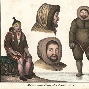 Eskimo or Inuit man and woman in sealskin fur clothes