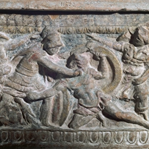 Etruscan art. Urn depicting the struggle between Eteocles an