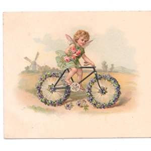 Fairy riding a bicycle on a greetings postcard