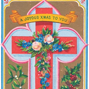 Flowers, mistletoe, holly and a cross on a Christmas card