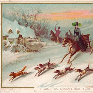 Foxhunting scene in the snow on a New Year card