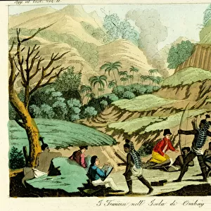 French explorers drawing natives on the island